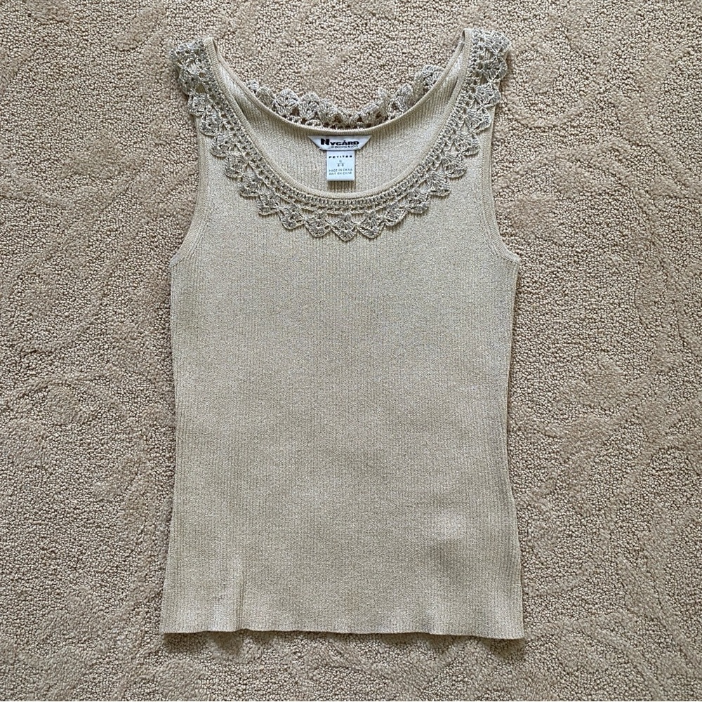 Peter Nygard Beige Tank Top Womens Sz Small Petite Fairycore Beaded Lace Trimmed